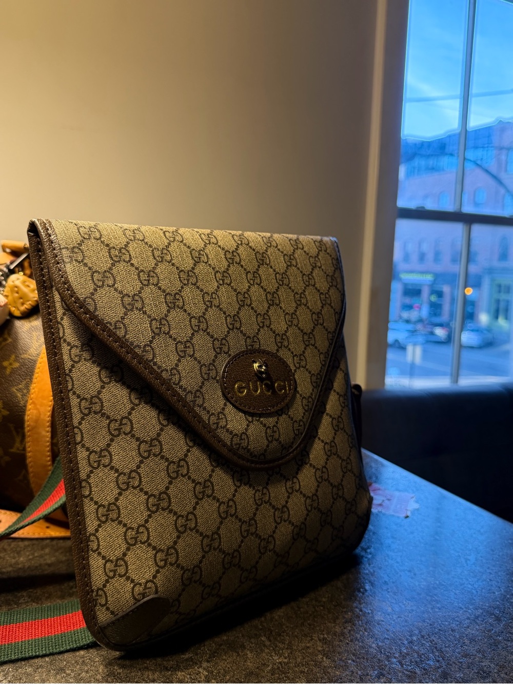 Gucci Beige/Brown Monogram Crossbody Bag with Web Stripe